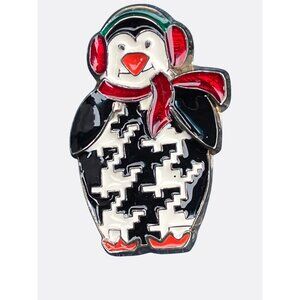 Penguin Brooch Enamel Pin With Red Scarf and Ear Muffs Winter Theme Jewelry